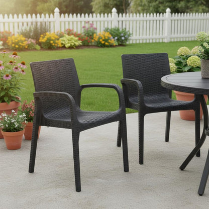 Set of Two Black Faux Rattan Heavy Duty Plastic Outdoor Stacking Arm Chairs HomeRoots