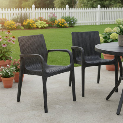 Set of Two Black Faux Rattan Heavy Duty Plastic Outdoor Stacking Arm Chairs HomeRoots