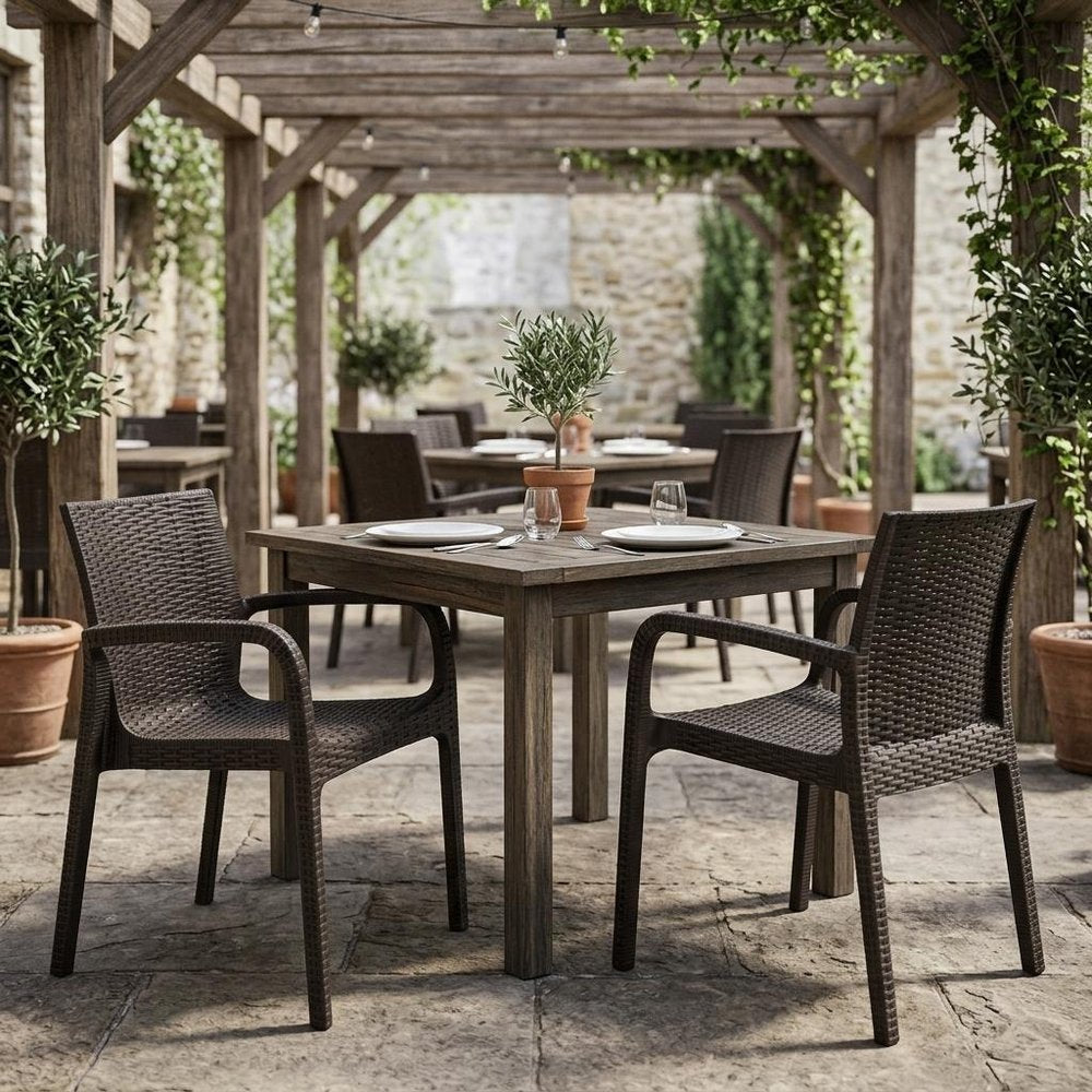 Set of Two Brown Faux Rattan Heavy Duty Plastic Outdoor Stacking Arm Chairs HomeRoots