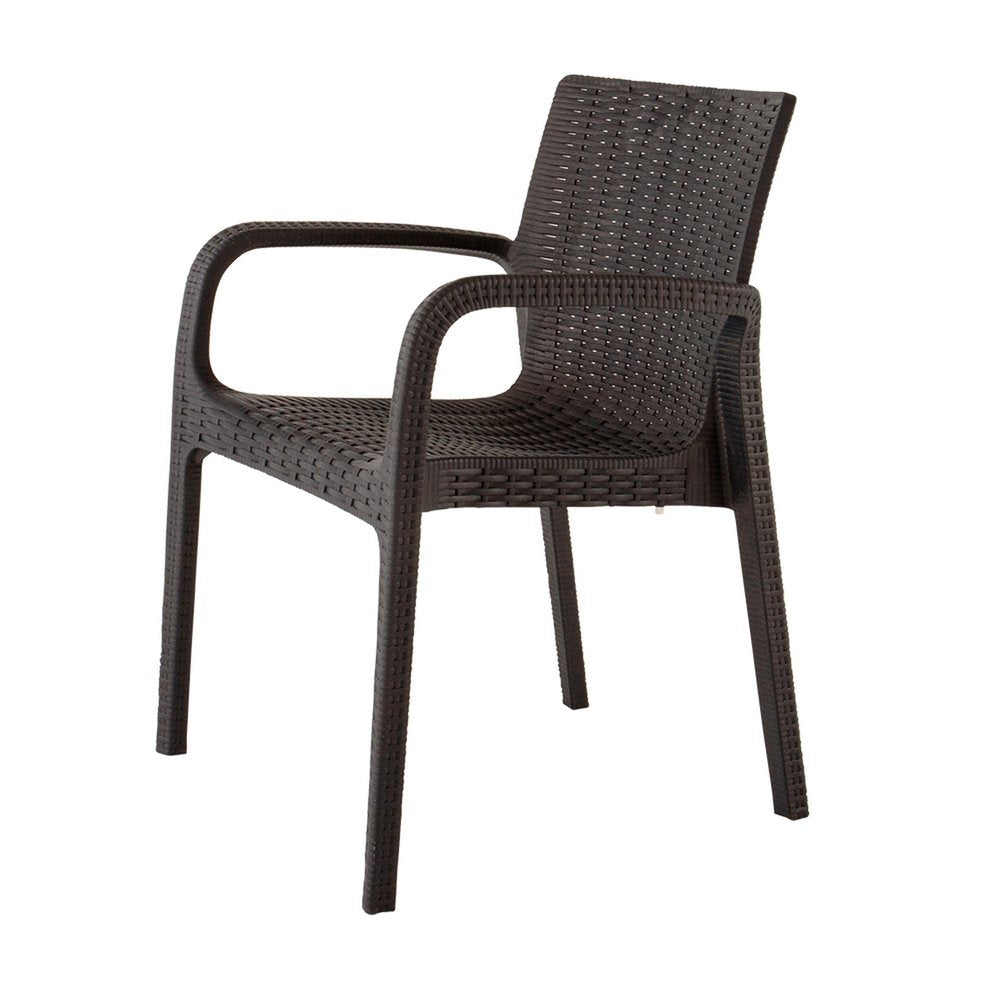 Set of Two Brown Faux Rattan Heavy Duty Plastic Outdoor Stacking Arm Chairs HomeRoots