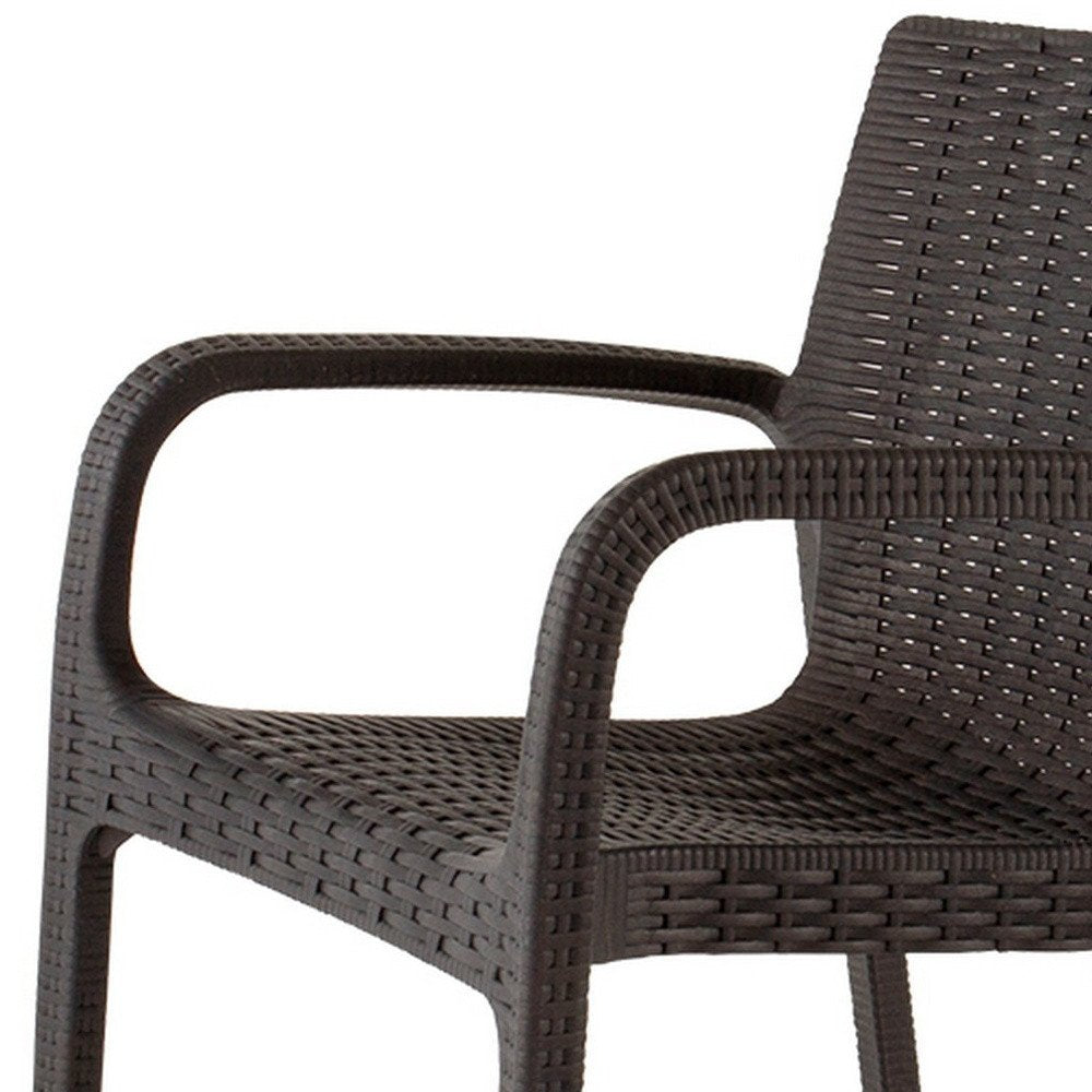 Set of Two Brown Faux Rattan Heavy Duty Plastic Outdoor Stacking Arm Chairs HomeRoots