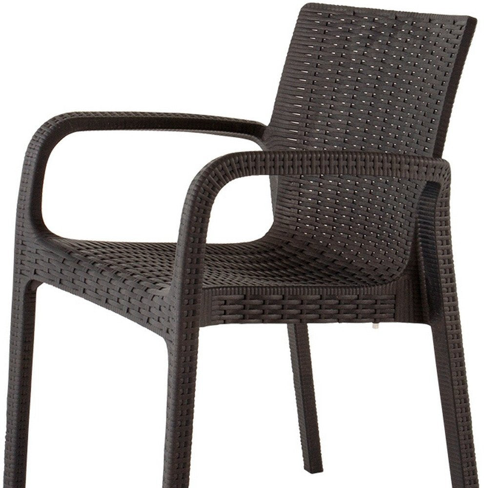 Set of Two Brown Faux Rattan Heavy Duty Plastic Outdoor Stacking Arm Chairs HomeRoots