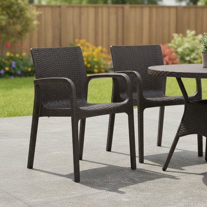Set of Two Brown Faux Rattan Heavy Duty Plastic Outdoor Stacking Arm Chairs HomeRoots
