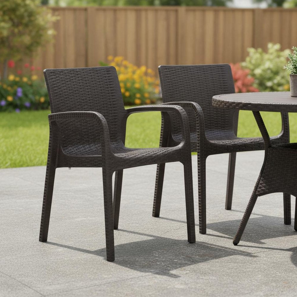 Set of Two Brown Faux Rattan Heavy Duty Plastic Outdoor Stacking Arm Chairs HomeRoots