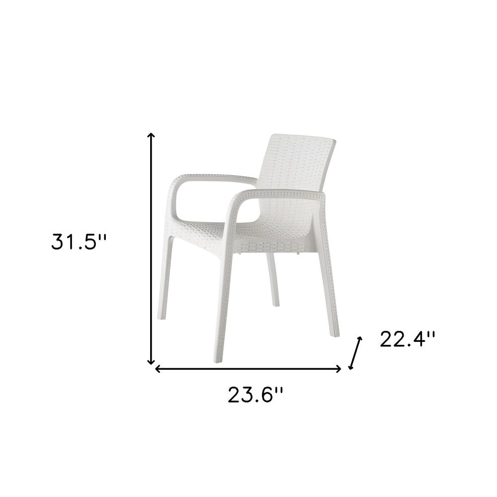 Set of Two White Faux Rattan Heavy Duty Plastic Outdoor Stacking Arm Chairs — view 3