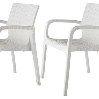Set of Two White Faux Rattan Heavy Duty Plastic Outdoor Stacking Arm Chairs HomeRoots