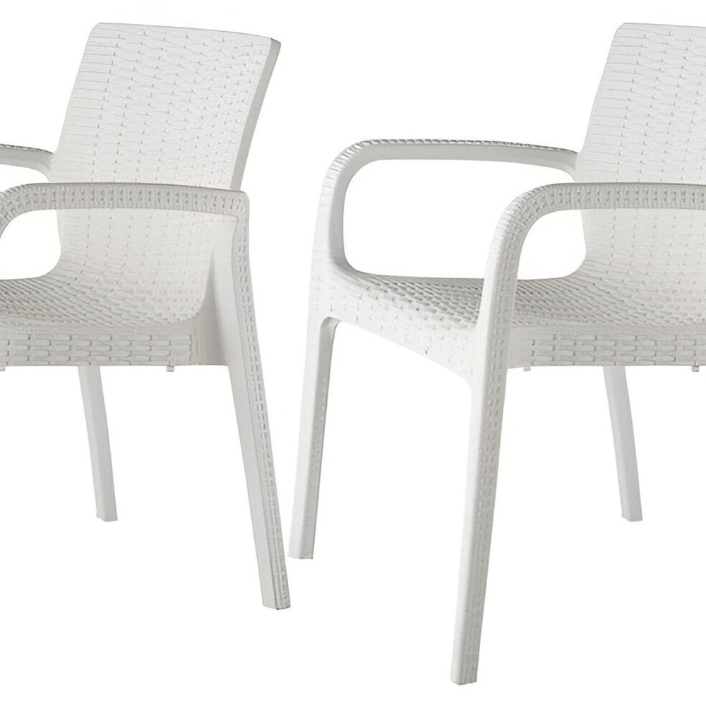 Set of Two White Faux Rattan Heavy Duty Plastic Outdoor Stacking Arm Chairs