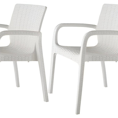 Set of Two White Faux Rattan Heavy Duty Plastic Outdoor Stacking Arm Chairs