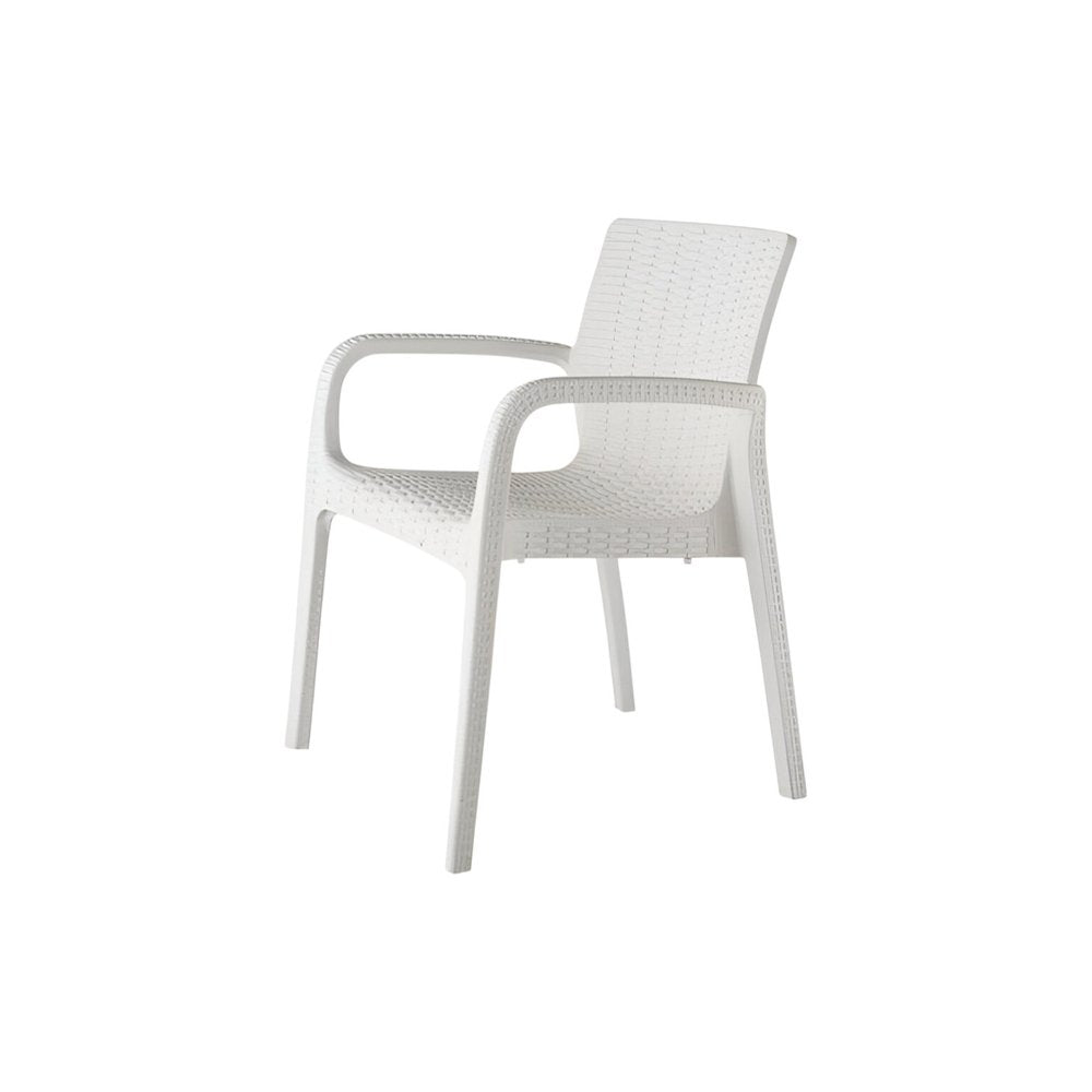 Set of Two White Faux Rattan Heavy Duty Plastic Outdoor Stacking Arm Chairs — view 1