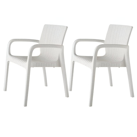 Set of Two White Faux Rattan Heavy Duty Plastic Outdoor Stacking Arm Chairs HomeRoots