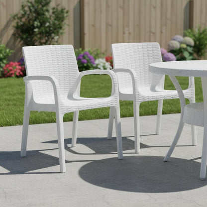 Set of Two White Faux Rattan Heavy Duty Plastic Outdoor Stacking Arm Chairs HomeRoots