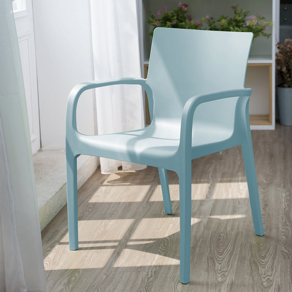 Set of Two Baby Blue Heavy Duty Plastic Outdoor Stacking Dining Chairs — view 3