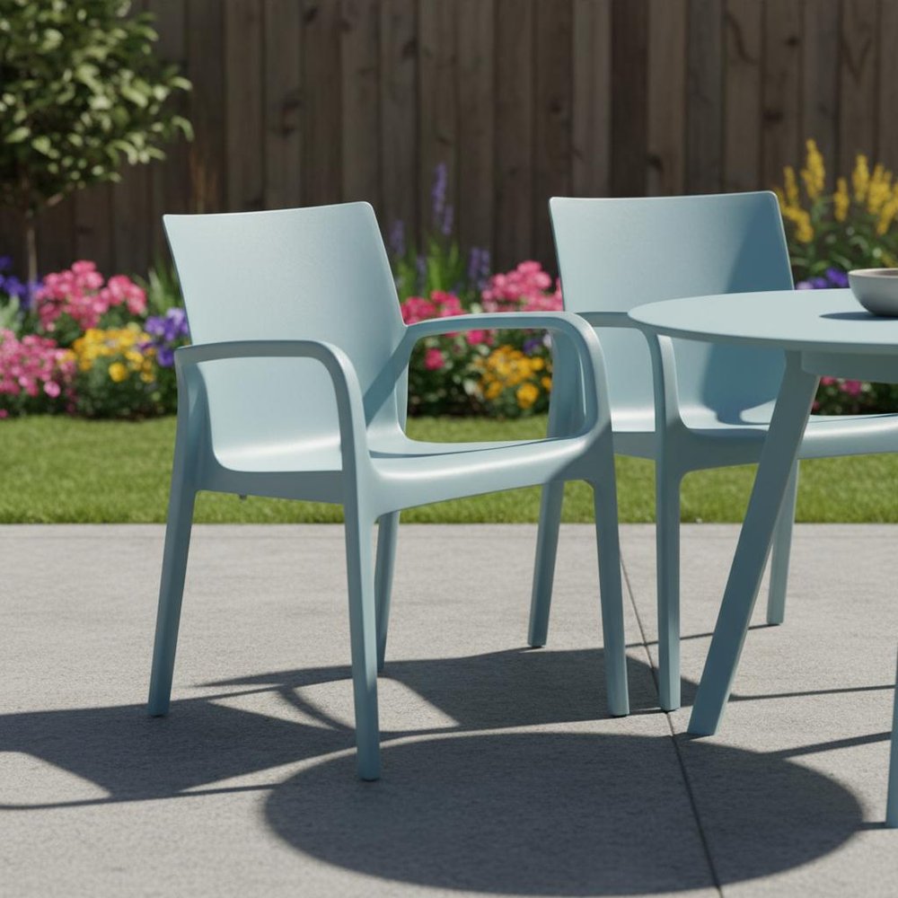 Set of Two Baby Blue Heavy Duty Plastic Outdoor Stacking Dining Chairs — view 9