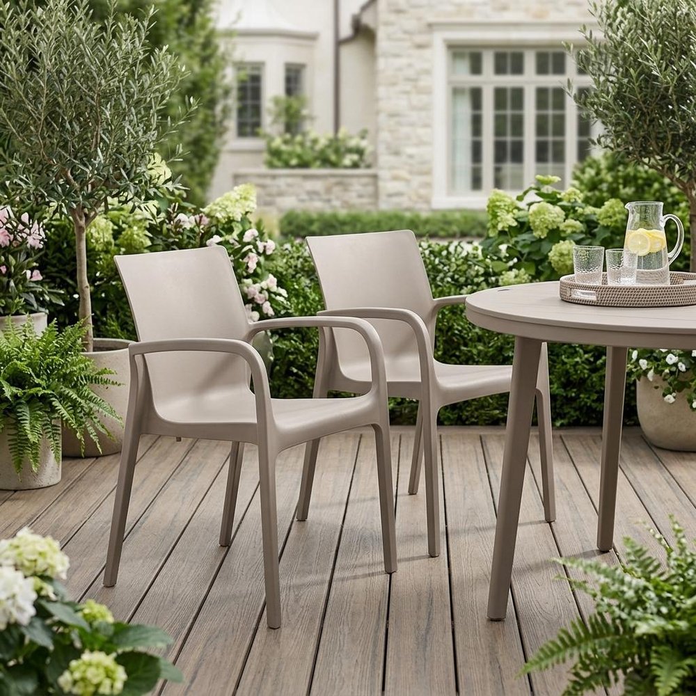 Set of Two Taupe Heavy Duty Plastic Outdoor Stacking Dining Chairs HomeRoots