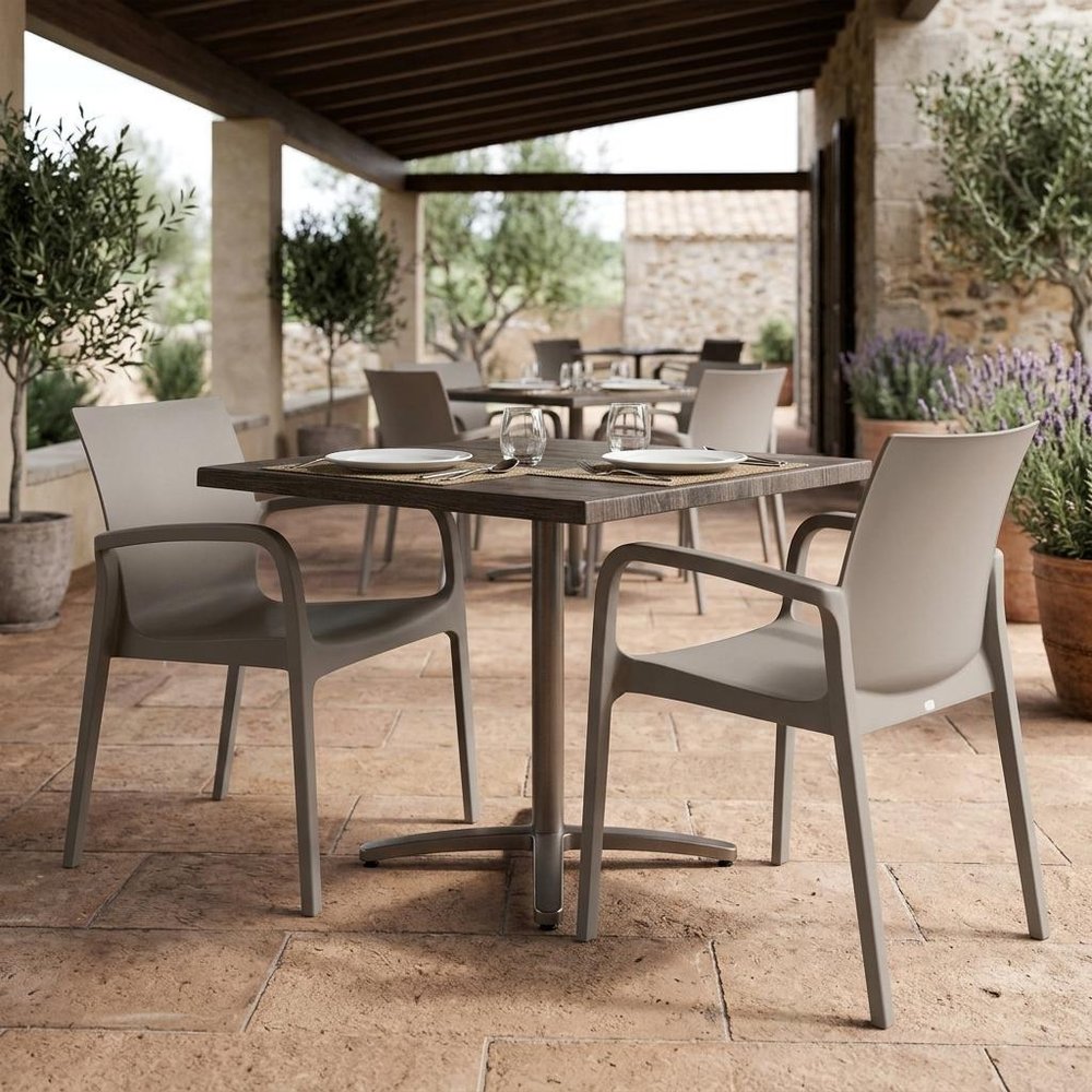Set of Two Taupe Heavy Duty Plastic Outdoor Stacking Dining Chairs — view 9