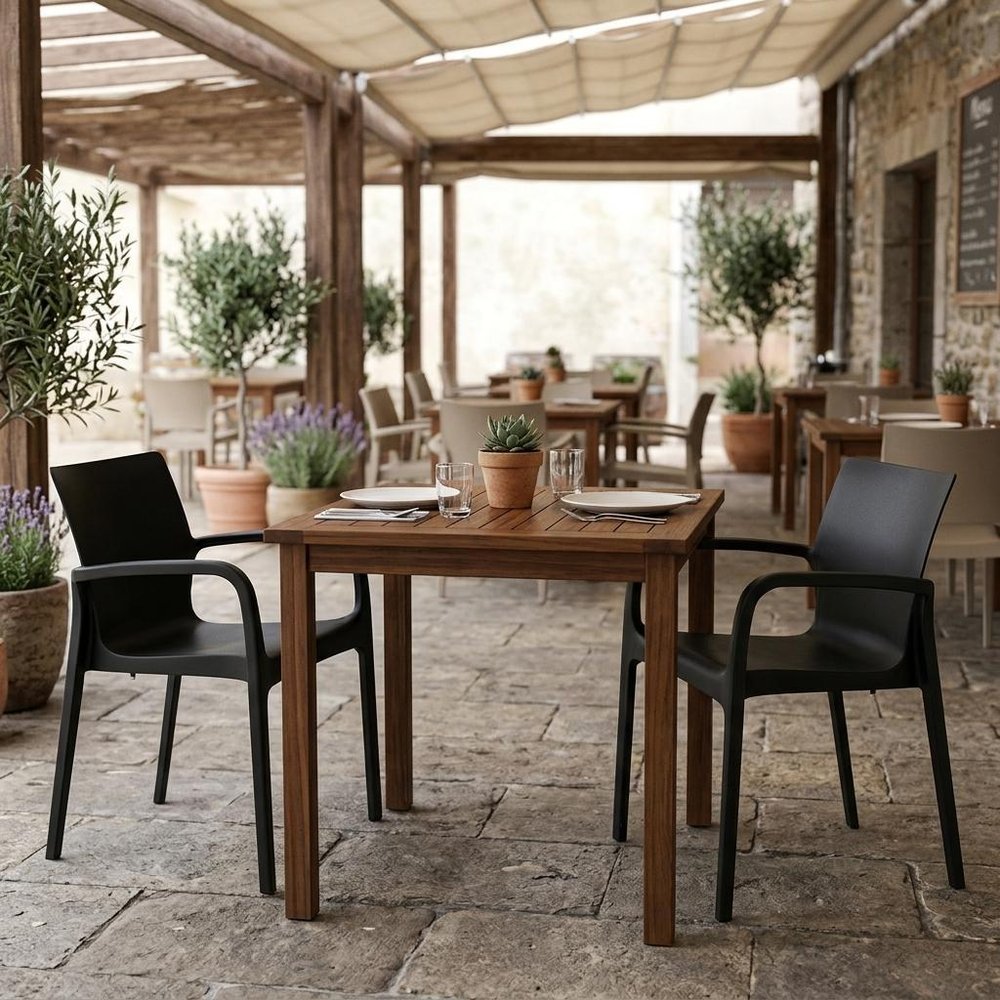 Set of Two Black Heavy Duty Plastic Outdoor Stacking Dining Chairs — view 8