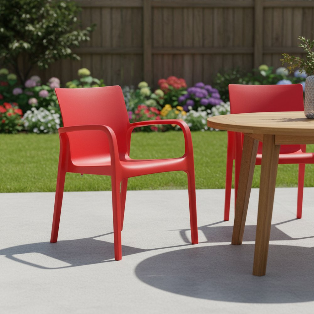 Set of Two Red Heavy Duty Plastic Outdoor Stacking Dining Chairs HomeRoots