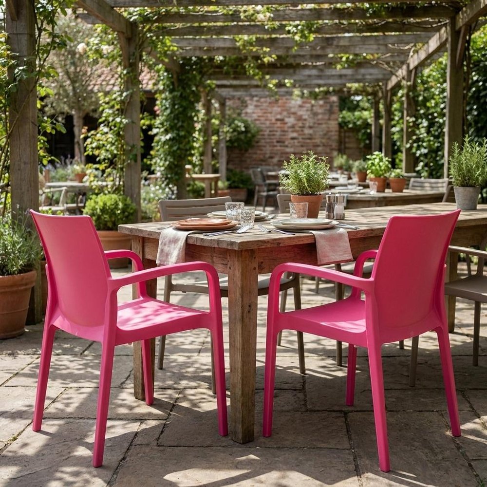 Set of Two Fuchsia Heavy Duty Plastic Outdoor Stacking Dining Chairs — view 8