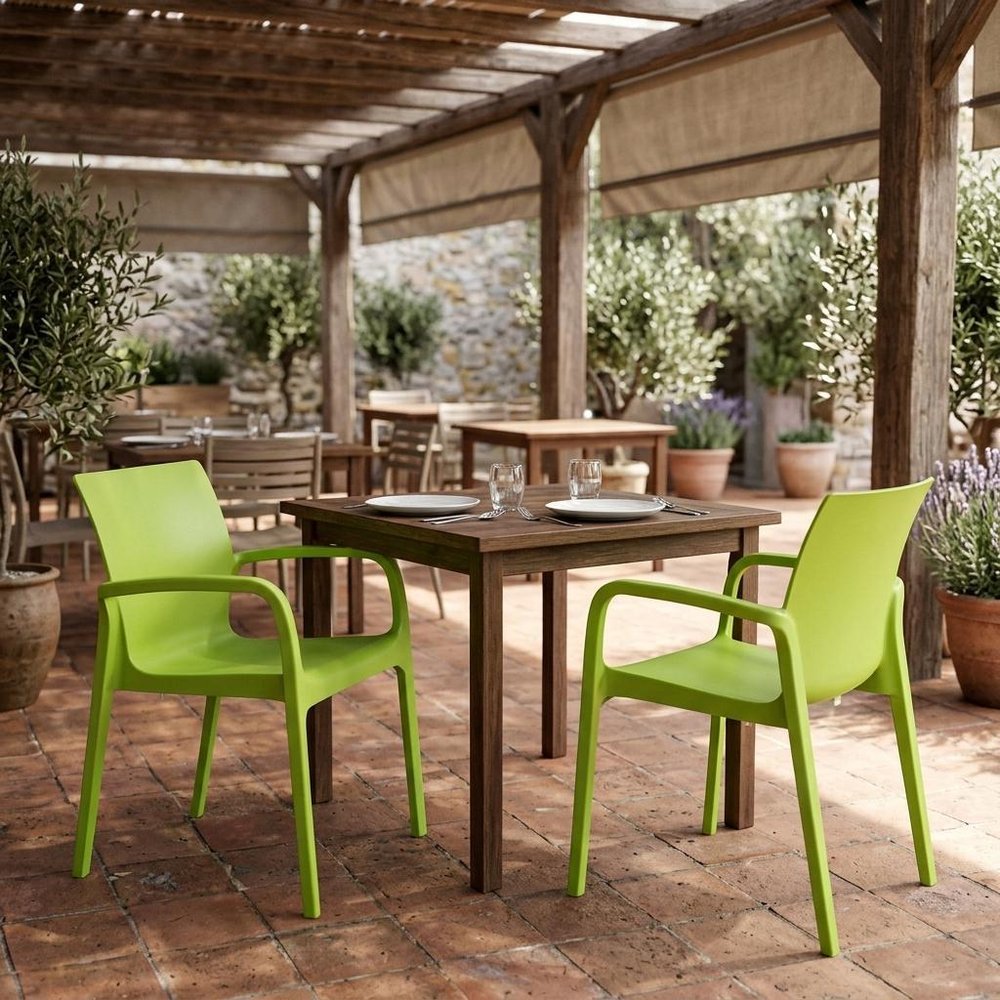 Set of Two Green Heavy Duty Plastic Outdoor Stacking Dining Chairs — view 8