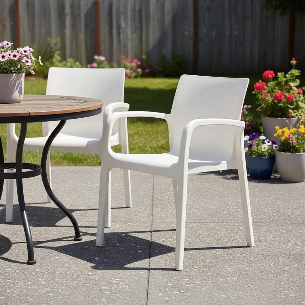 Set of Two White Heavy Duty Plastic Outdoor Stacking Dining Chairs HomeRoots