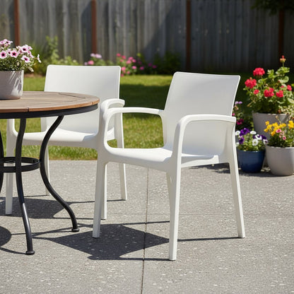 Set of Two White Heavy Duty Plastic Outdoor Stacking Dining Chairs HomeRoots