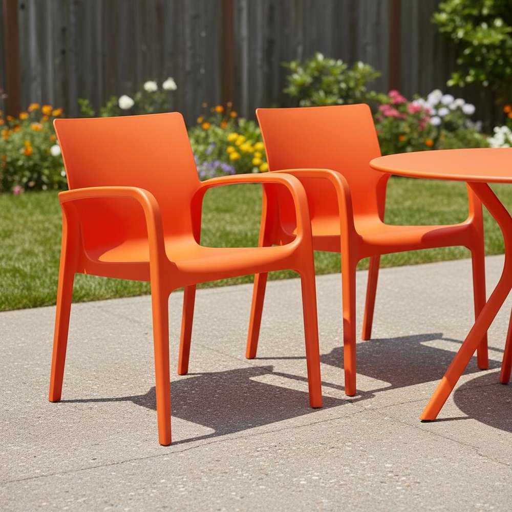 Set of Two Orange Heavy Duty Plastic Outdoor Stacking Dining Chairs HomeRoots