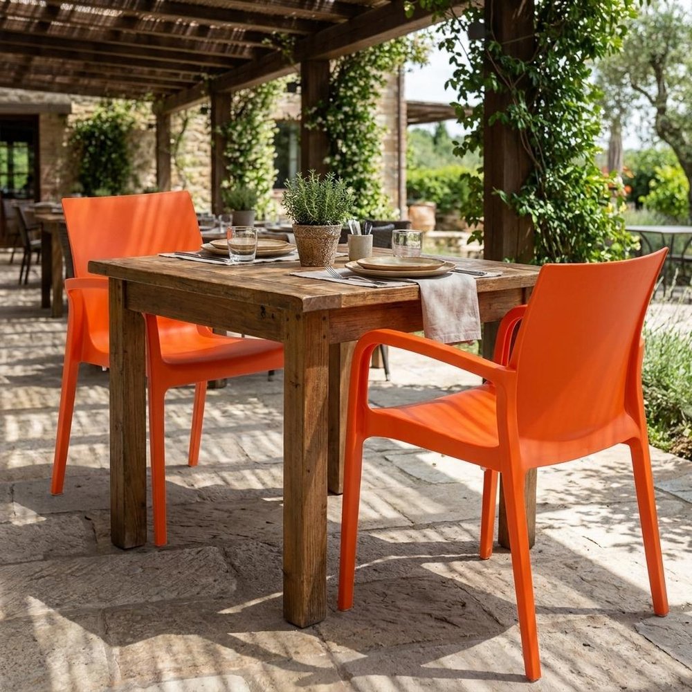 Set of Two Orange Heavy Duty Plastic Outdoor Stacking Dining Chairs HomeRoots