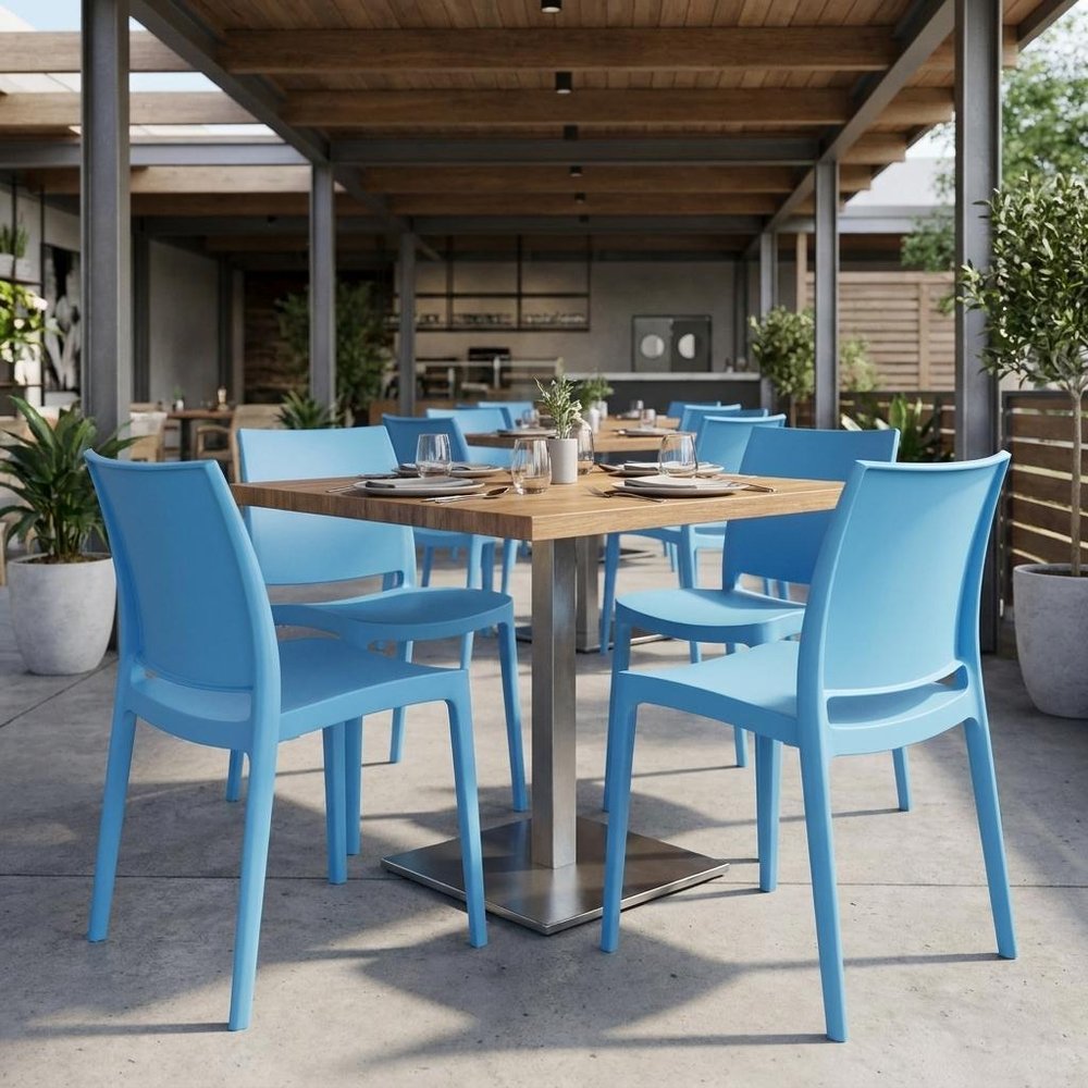 Set of Four Blue Heavy Duty Plastic Outdoor Stacking Dining Chairs — view 10