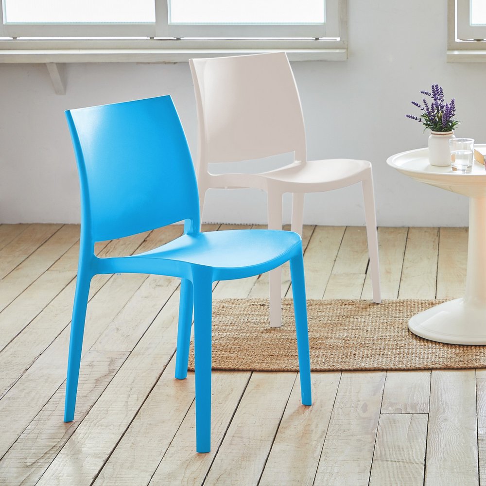 Set of Four Blue Heavy Duty Plastic Outdoor Stacking Dining Chairs HomeRoots