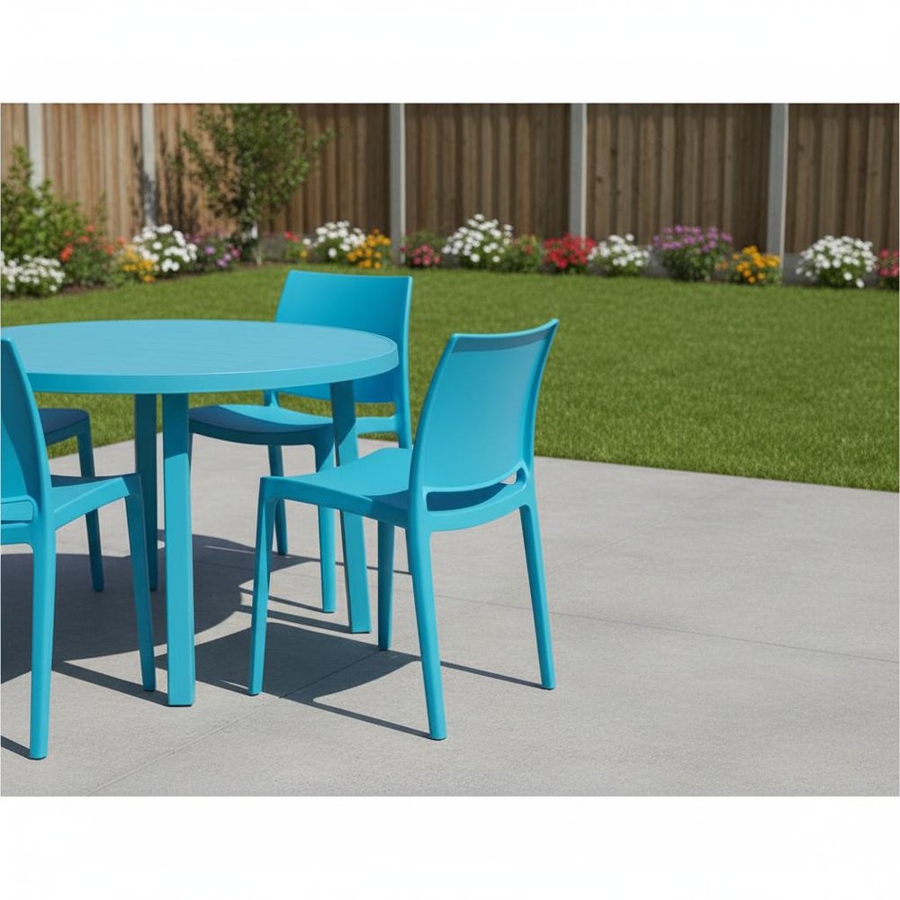 Set of Four Blue Heavy Duty Plastic Outdoor Stacking Dining Chairs HomeRoots