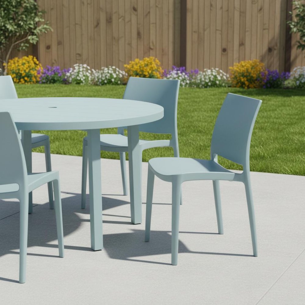 Set of Four Baby Blue Heavy Duty Plastic Outdoor Stacking Dining Chairs HomeRoots