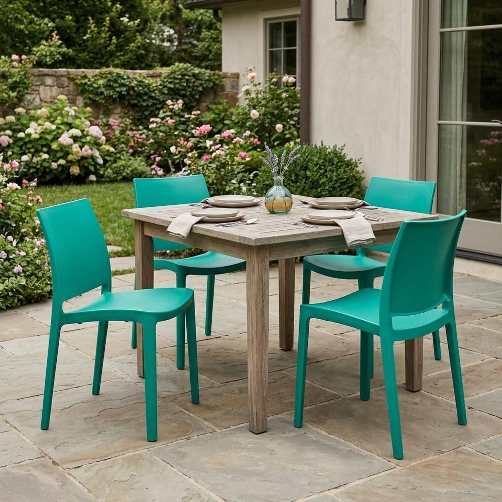 Set of Four Turquoise Heavy Duty Plastic Outdoor Stacking Dining Chairs HomeRoots