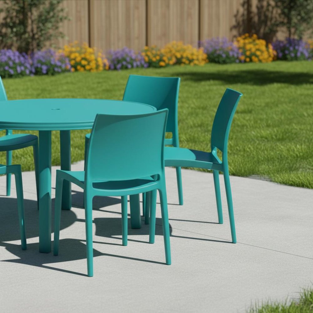Set of Four Turquoise Heavy Duty Plastic Outdoor Stacking Dining Chairs HomeRoots