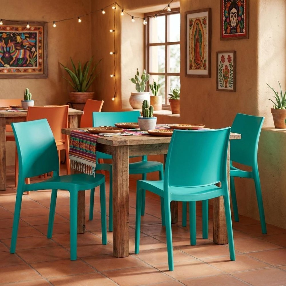 Set of Four Turquoise Heavy Duty Plastic Outdoor Stacking Dining Chairs HomeRoots