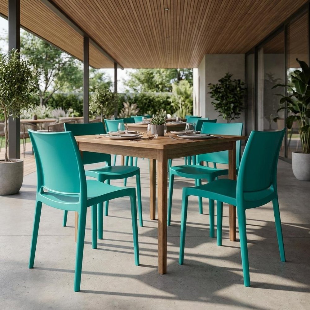 Set of Four Turquoise Heavy Duty Plastic Outdoor Stacking Dining Chairs — view 12