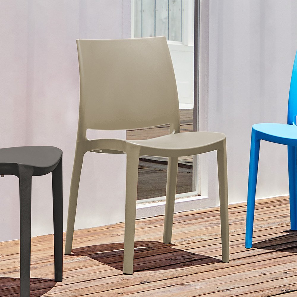 Set of Four Taupe Heavy Duty Plastic Outdoor Stacking Dining Chairs HomeRoots