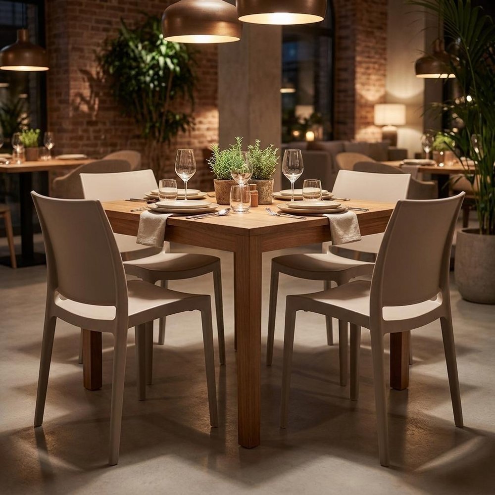 Set of Four Taupe Heavy Duty Plastic Outdoor Stacking Dining Chairs HomeRoots