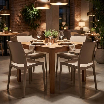 Set of Four Taupe Heavy Duty Plastic Outdoor Stacking Dining Chairs HomeRoots