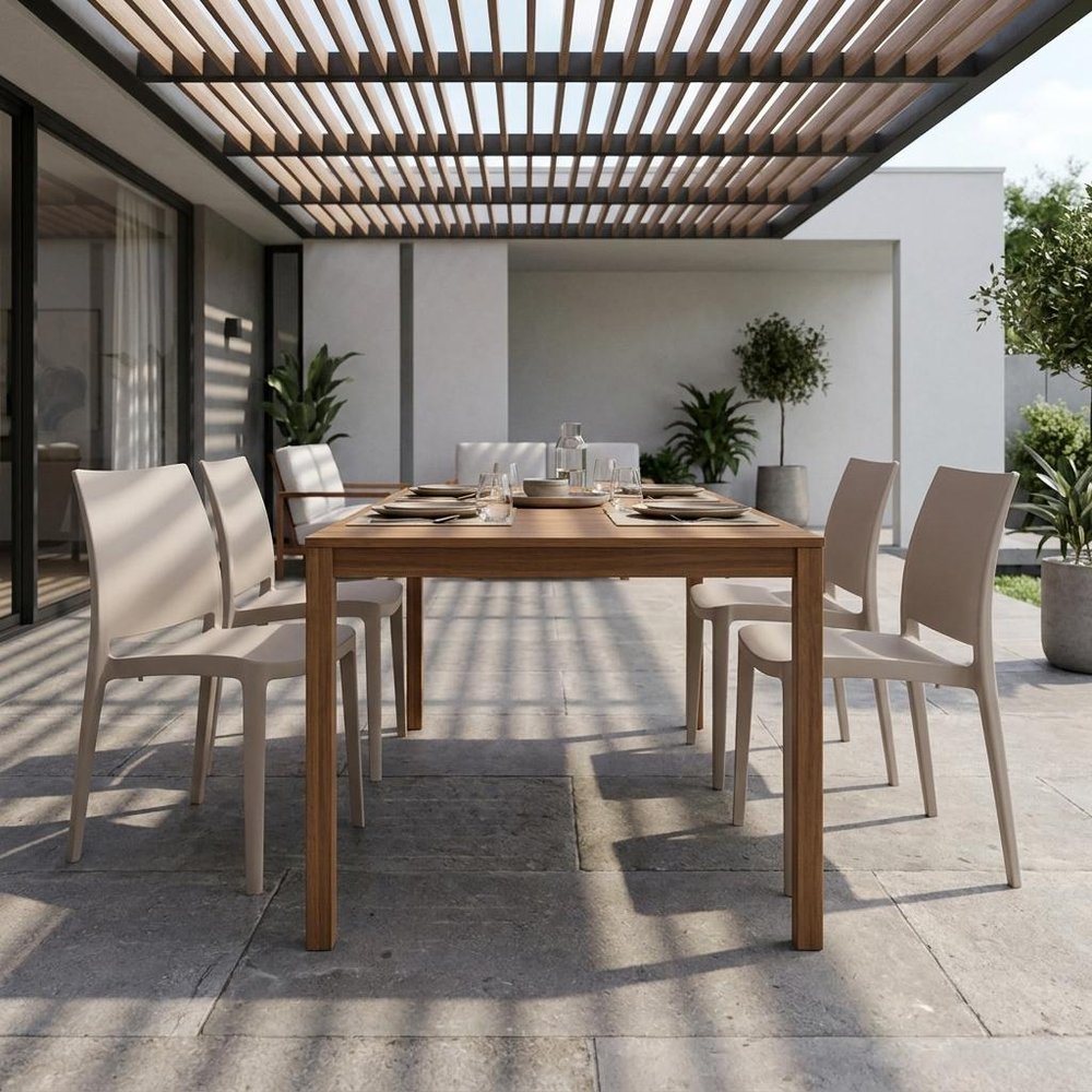 Set of Four Taupe Heavy Duty Plastic Outdoor Stacking Dining Chairs — view 9