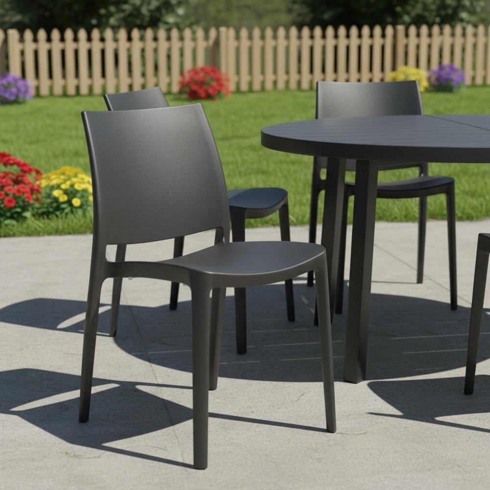 Set of Four Dark Gray Heavy Duty Plastic Outdoor Stacking Dining Chairs HomeRoots