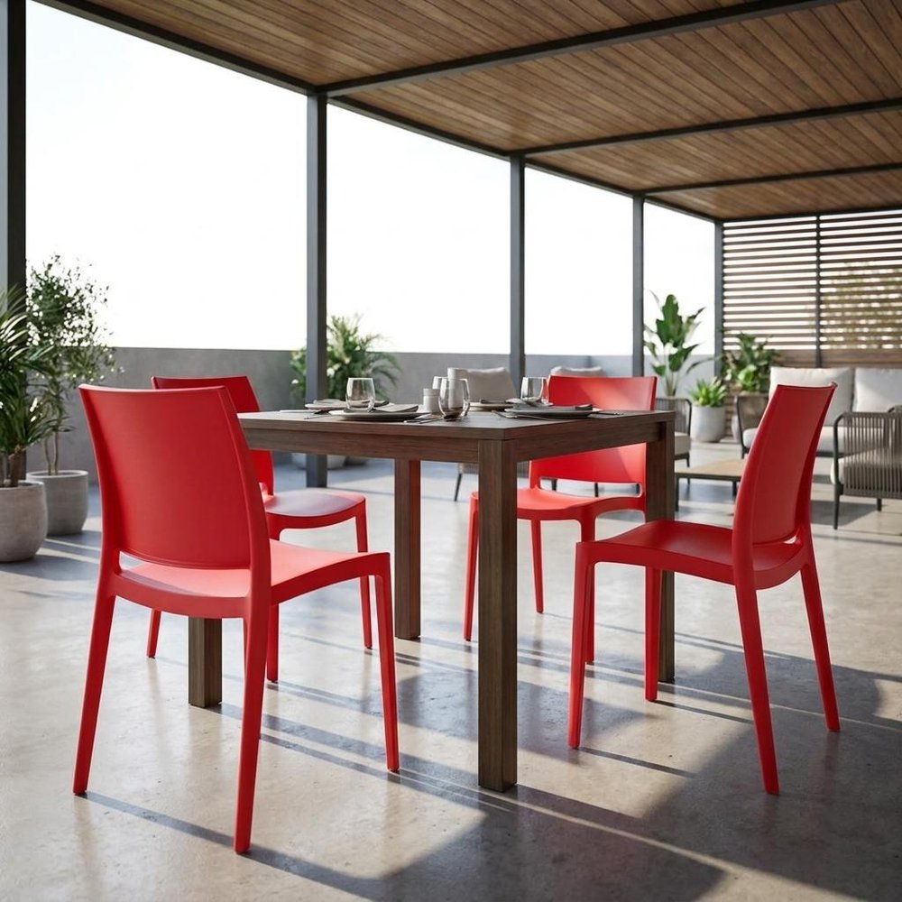 Set of Four Red Heavy Duty Plastic Outdoor Stacking Dining Chairs — view 11