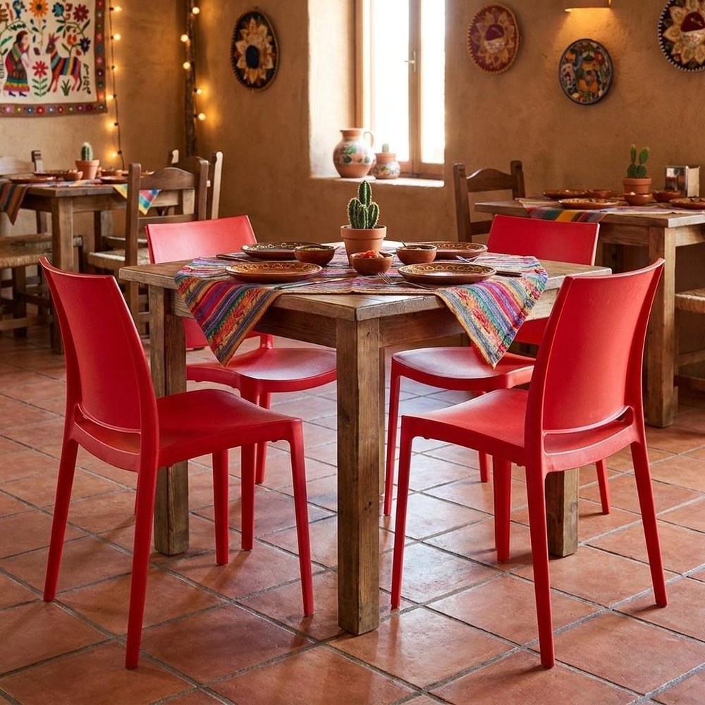 Set of Four Red Heavy Duty Plastic Outdoor Stacking Dining Chairs HomeRoots