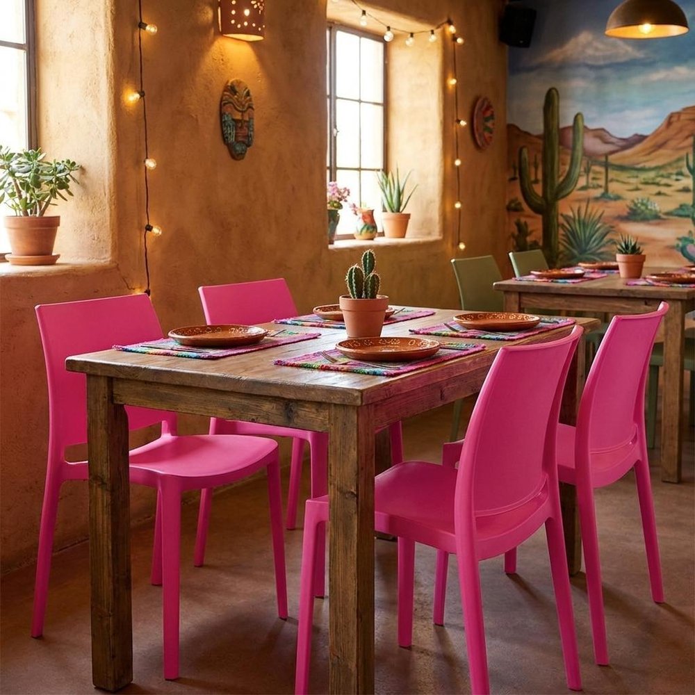 Set of Four Fuchsia Heavy Duty Plastic Outdoor Stacking Dining Chairs HomeRoots