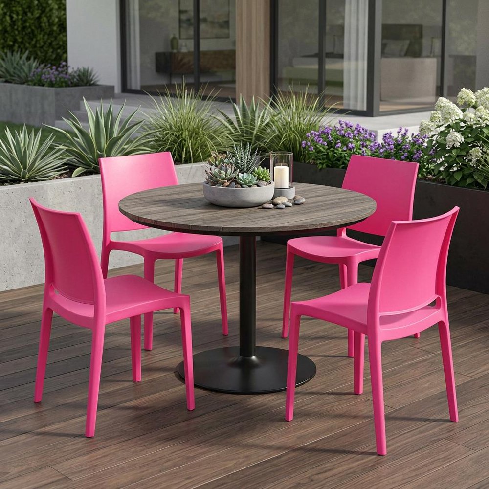 Set of Four Fuchsia Heavy Duty Plastic Outdoor Stacking Dining Chairs HomeRoots