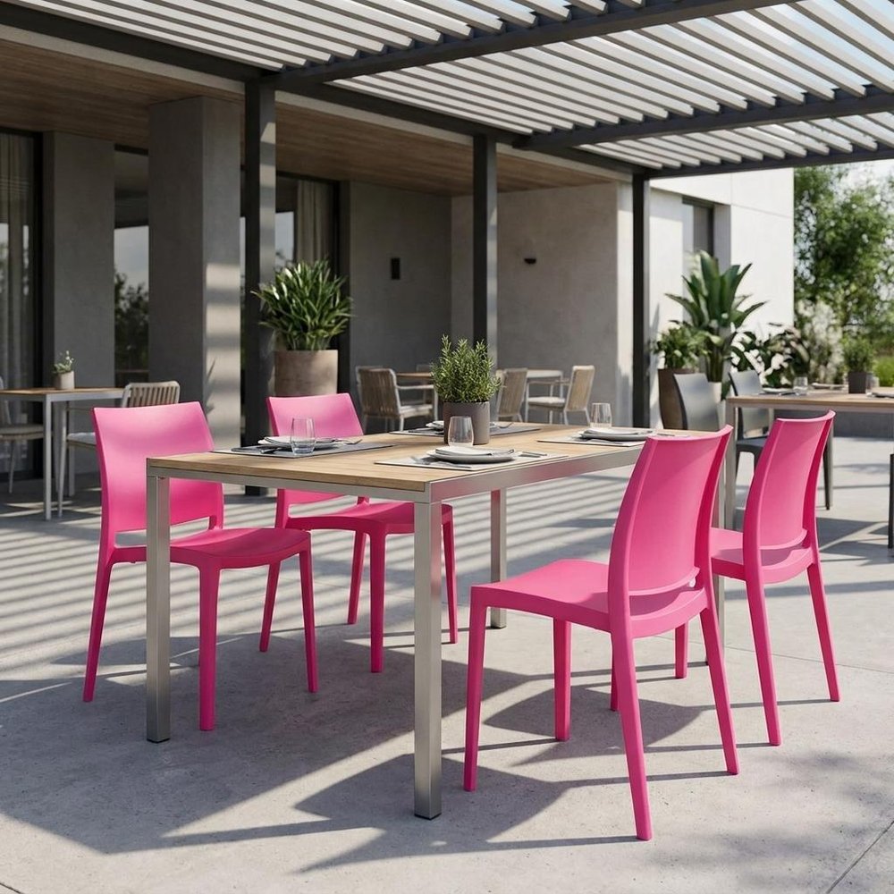 Set of Four Fuchsia Heavy Duty Plastic Outdoor Stacking Dining Chairs HomeRoots