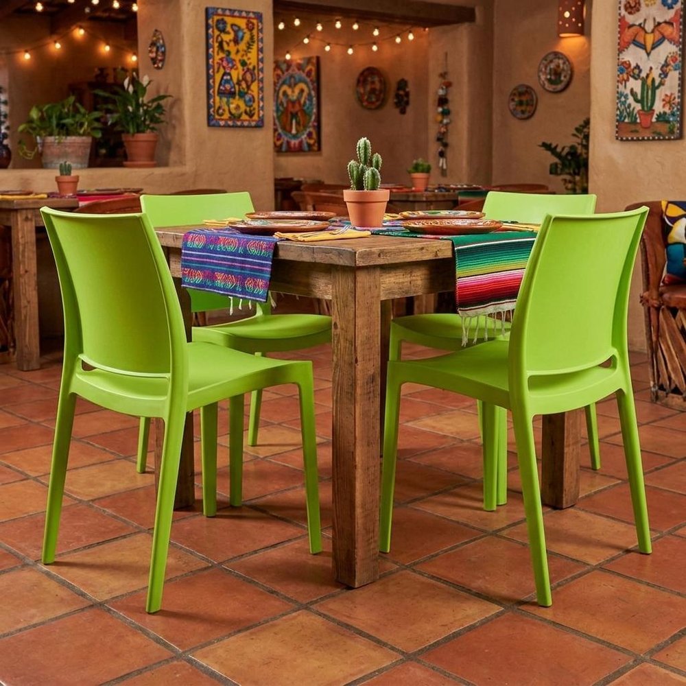 Set of Four Green Heavy Duty Plastic Outdoor Stacking Dining Chairs HomeRoots