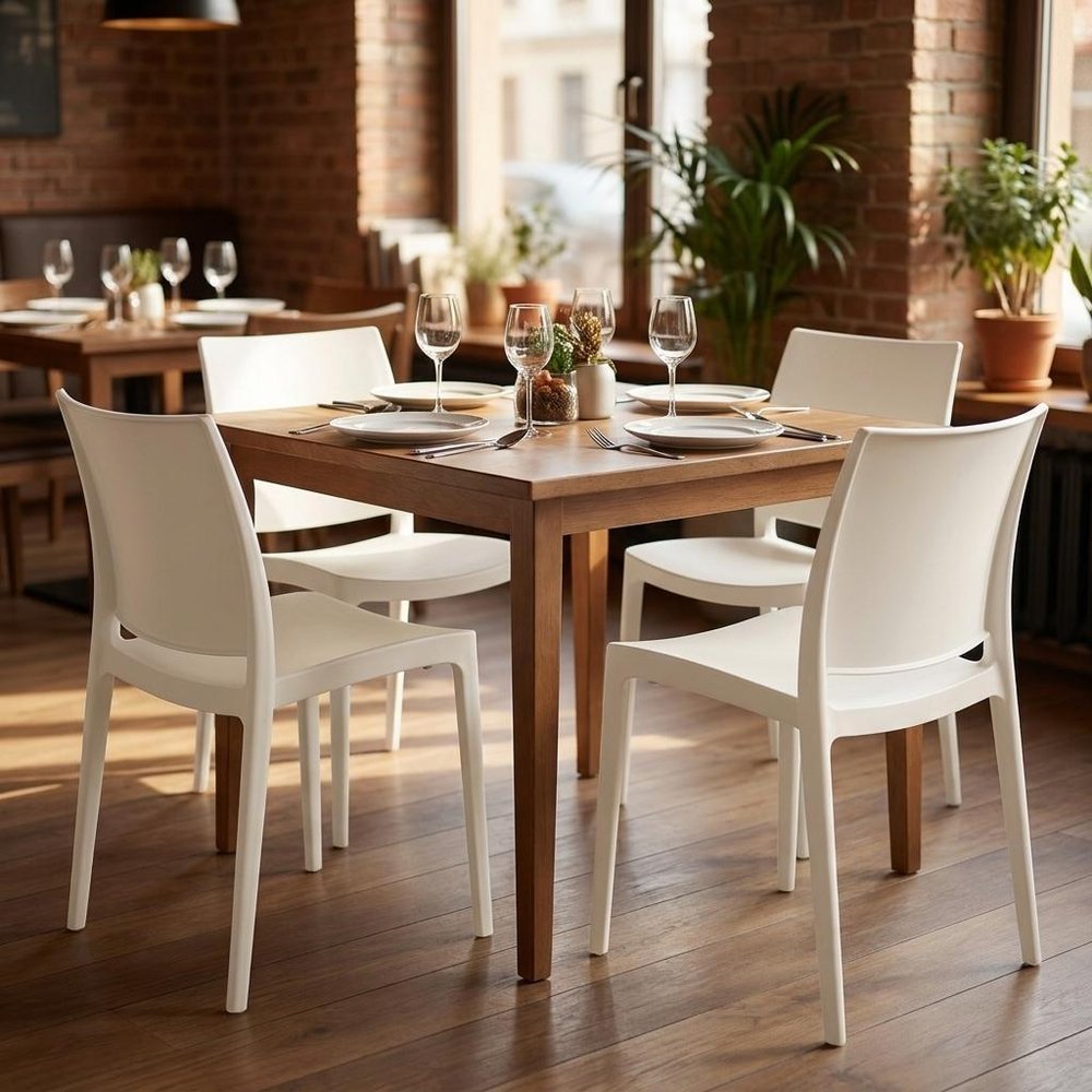 Set of Four White Heavy Duty Plastic Outdoor Stacking Dining Chairs HomeRoots