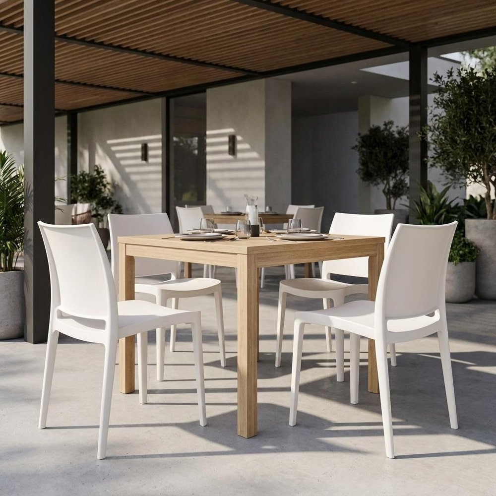 Set of Four White Heavy Duty Plastic Outdoor Stacking Dining Chairs — view 10