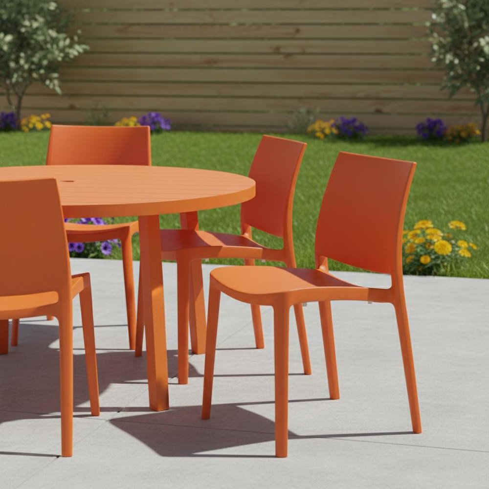 Set of Four Orange Heavy Duty Plastic Outdoor Stacking Dining Chairs HomeRoots