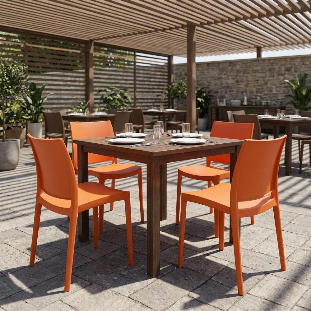 Set of Four Orange Heavy Duty Plastic Outdoor Stacking Dining Chairs — view 10